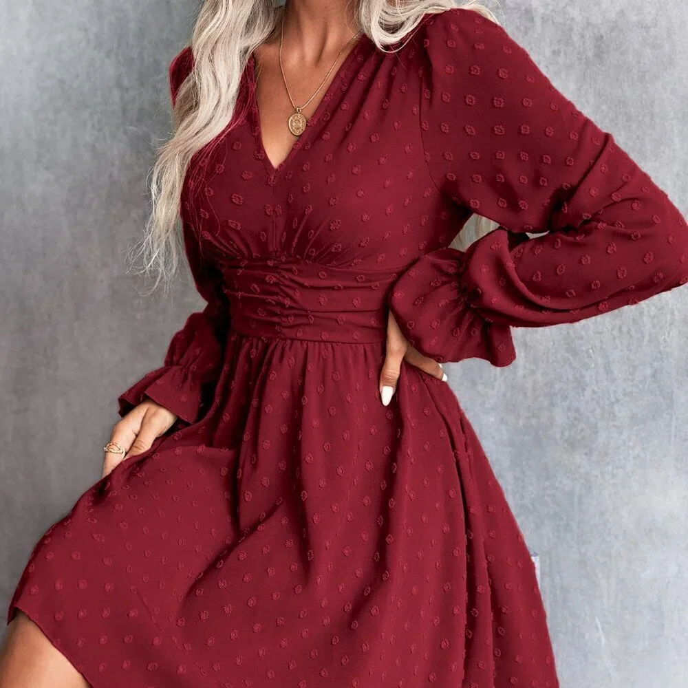 burgundy Boho Women's Swiss Dot Ruched Waist Flounce Sleeve Dress